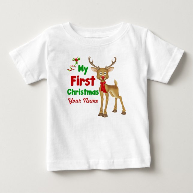 Baby's First Christmas Reindeer Baby T-Shirt (Front)