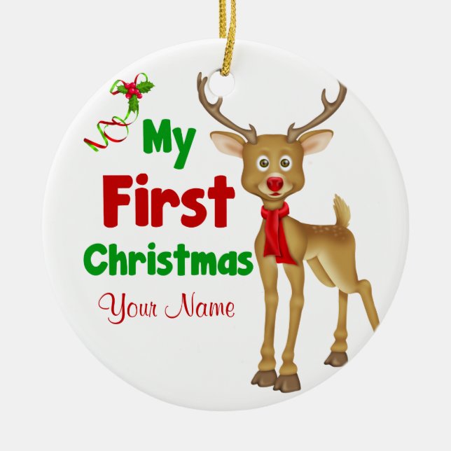 Babys First Christmas Reindeer Ceramic Ornament (Front)