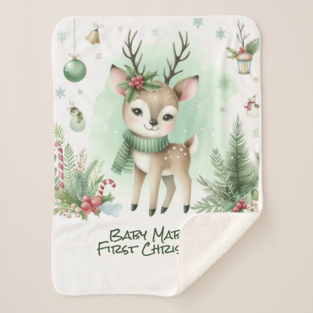 Baby's First Christmas Reindeer Green Sherpa Blanket (Front)