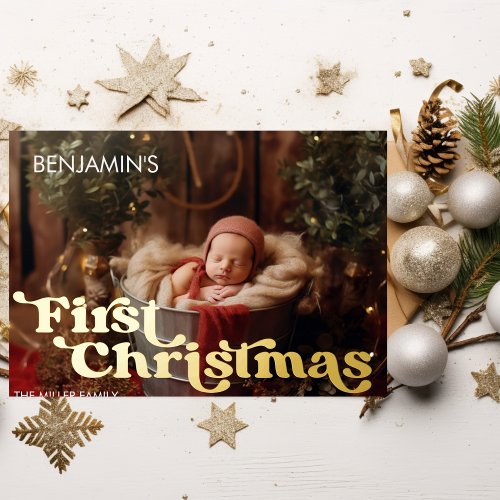 Babys First Christmas Retro Typography 1 Photo Foil Holiday Card