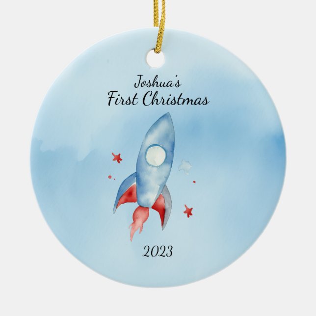 "Baby's First Christmas Rocket Personalized Ceramic Ornament (Front)