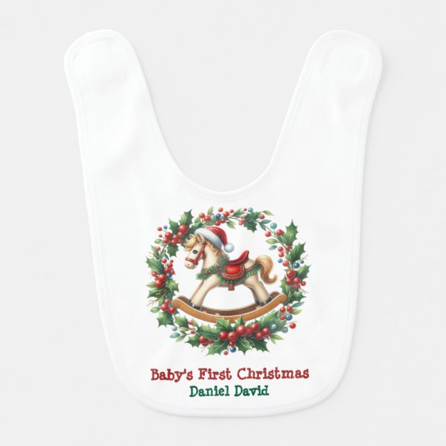 Baby's First Christmas Rocking Horse Baby Bib (Front)
