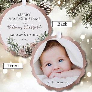 Baby's First Christmas Rose Gold Photo Keepsake Ornament Card