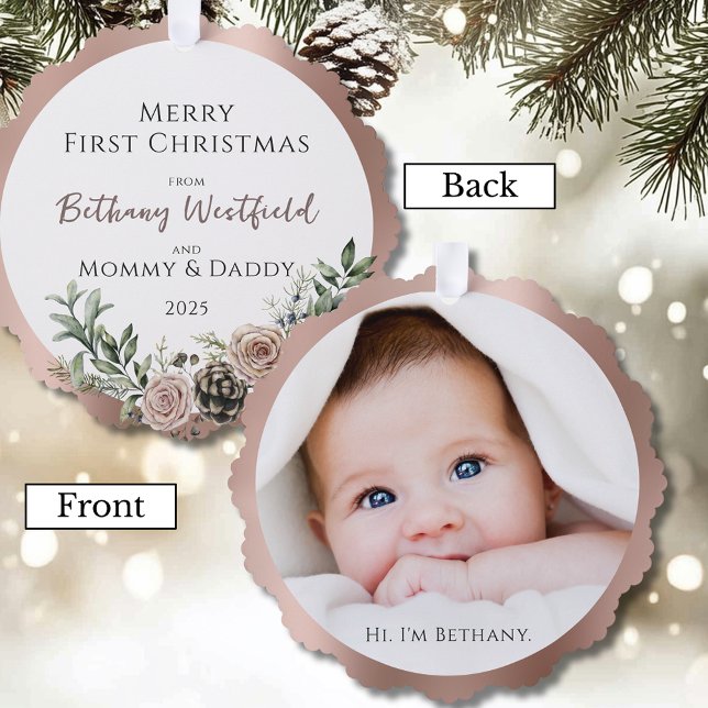 Baby's First Christmas Rose Gold Photo Keepsake Ornament Card (Baby's First Christmas Rose Gold Photo Keepsake Holiday Ornament Card for Family and Friends)