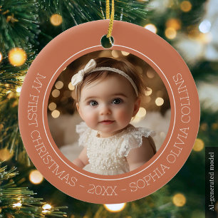 Baby's First Christmas Rustic Terracotta Two Photo Ceramic Ornament