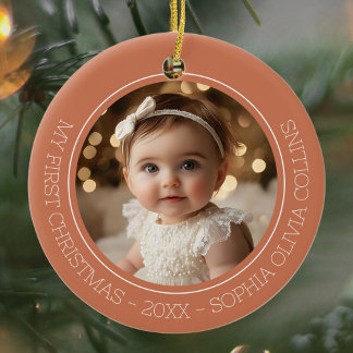 Baby's First Christmas Rustic Terracotta Two Photo Ceramic Ornament