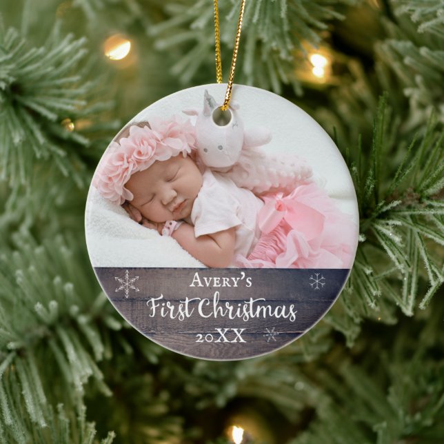 Baby's first Christmas Rustic wood custom name Ceramic Ornament (Tree)