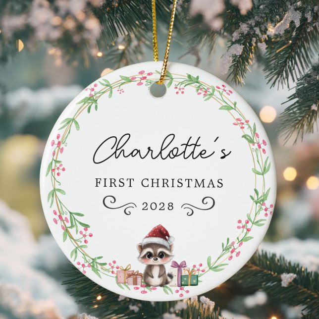 Baby's First Christmas–Rustic Wreath&Baby Raccoon Ceramic Ornament (Personalized, Baby's First Christmas–Rustic Wreath, Baby Raccoon with Santa Hat Ceramic Ornament)