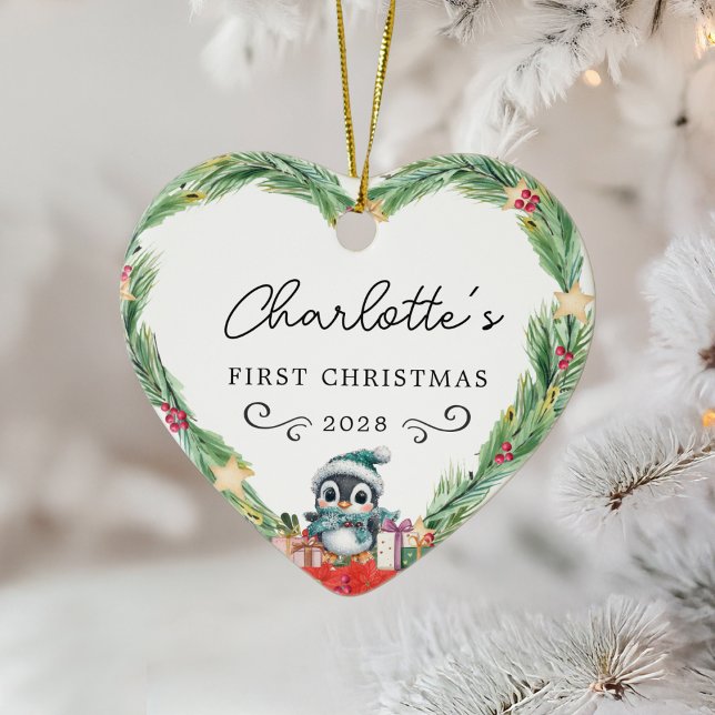 Baby's First Christmas – Rustic Wreath & Penguin Ceramic Ornament (Baby's First Christmas – Rustic Wreath & Penguin Heart Ceramic Ornament.)