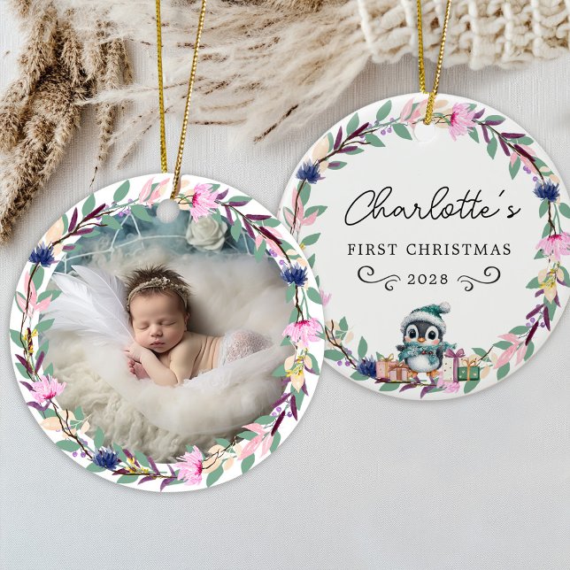 Baby's First Christmas – Rustic Wreath & Photo Ceramic Ornament (Baby's First Christmas – Rustic Wreath & Photo Ceramic Ornament)