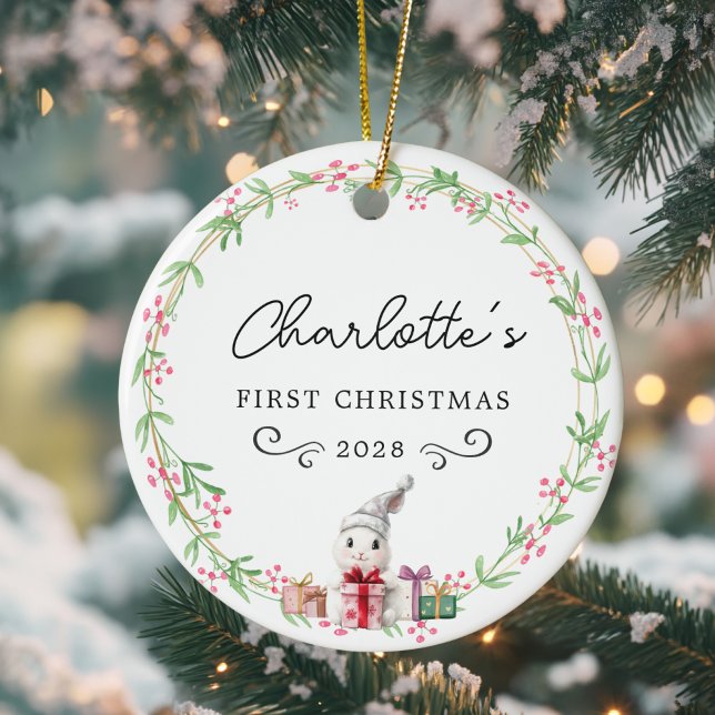 Baby's First Christmas–Rustic Wreath & Rabbit Ceramic Ornament (Beautiful, Personalized, Baby's First Christmas–Rustic Wreath & Rabbit-Santa Hat, Ceramic Ornament.)