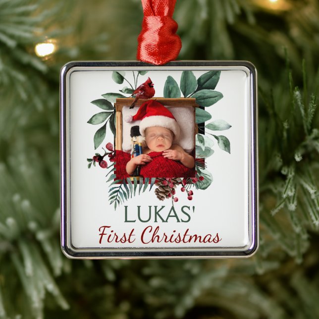 Baby's First Christmas Rustic Xmas Wreath Photo  Metal Ornament (Tree)