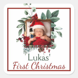 Baby's First Christmas Rustic Xmas Wreath Photo Square Sticker