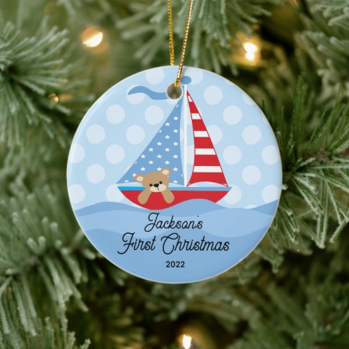 Babys First Christmas Sailboat Photo Ceramic Ornament