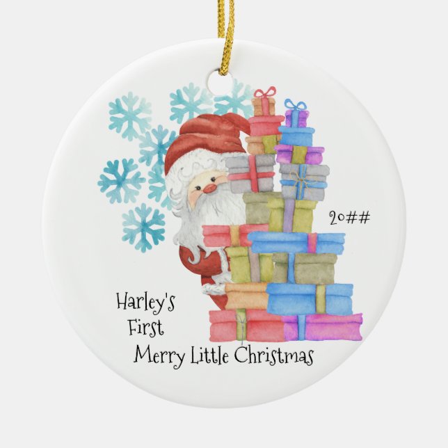 Baby's First Christmas Santa and Gifts Photo Ceramic Ornament (Front)