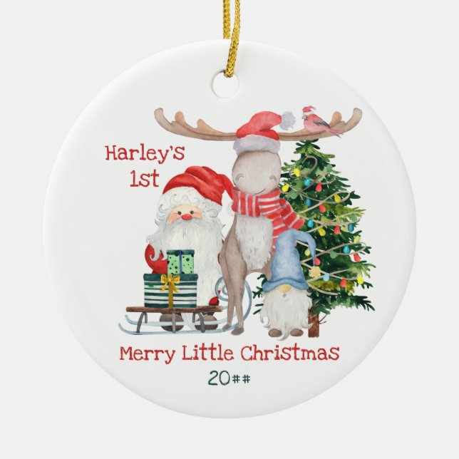 Baby's First Christmas Santa and Helpers Photo Ceramic Ornament (Front)