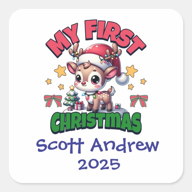 Baby's First Christmas Santa Deer Personalized Square Sticker (Front)