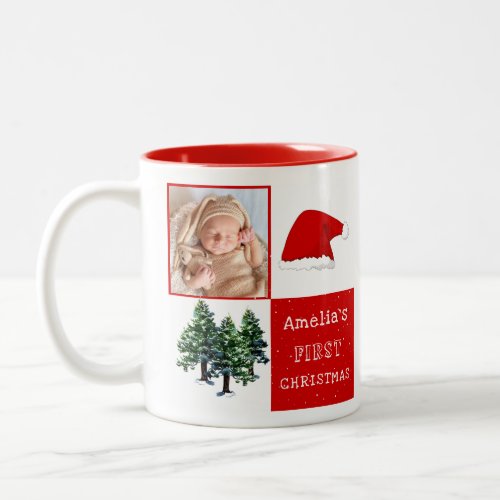 Babys first Christmas Santa Hat Snow Tree Photo Two_Tone Coffee Mug