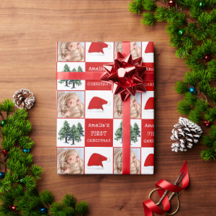 Baby's first Christmas Santa Hat Snow Tree Photo Wrapping Paper