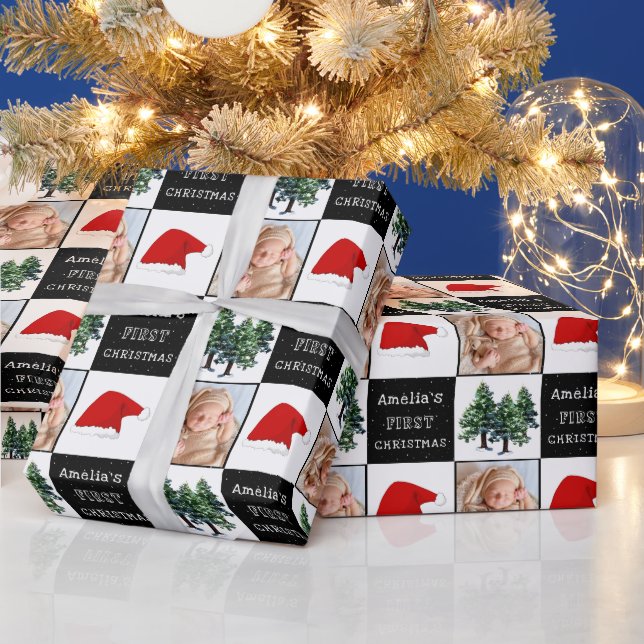 Baby's first Christmas Santa Hat Snow Tree Photo Wrapping Paper (Holidays)
