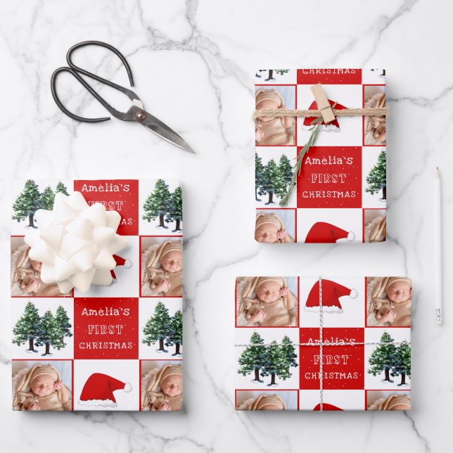 Baby's first Christmas Santa Hat Snow Tree Photo Wrapping Paper Sheets (Front)