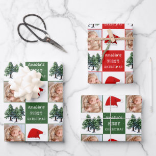 Baby's first Christmas Santa Hat Snow Tree Photo Wrapping Paper Sheets