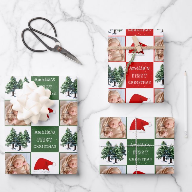 Baby's first Christmas Santa Hat Snow Tree Photo Wrapping Paper Sheets (Front)