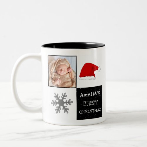 Babys first Christmas Santa Hat Snowflake Photo Two_Tone Coffee Mug