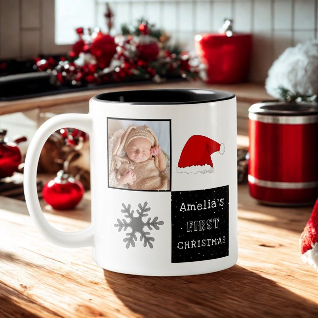 Baby's first Christmas Santa Hat Snowflake Photo Two-Tone Coffee Mug (Creator Uploaded)
