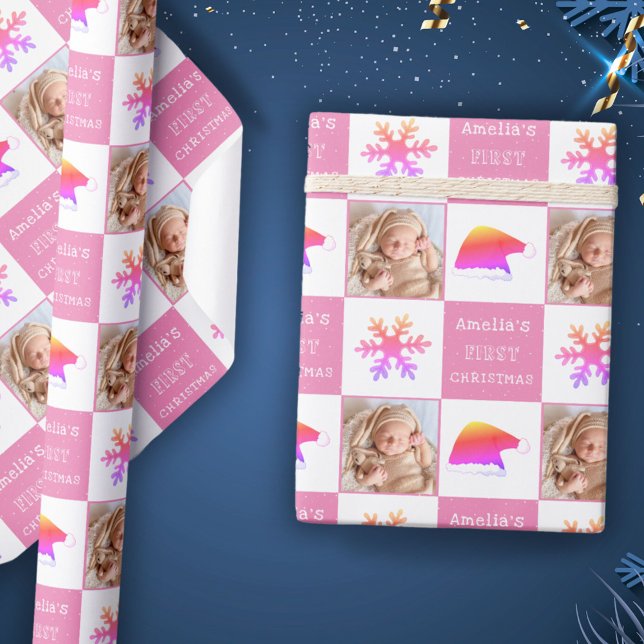 Baby's first Christmas Santa Hat Snowflake Photo  Wrapping Paper (Creator Uploaded)