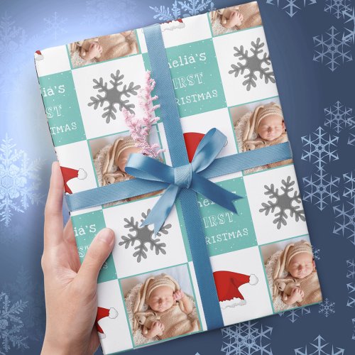 Babys first Christmas Santa Hat Snowflake Photo  Wrapping Paper