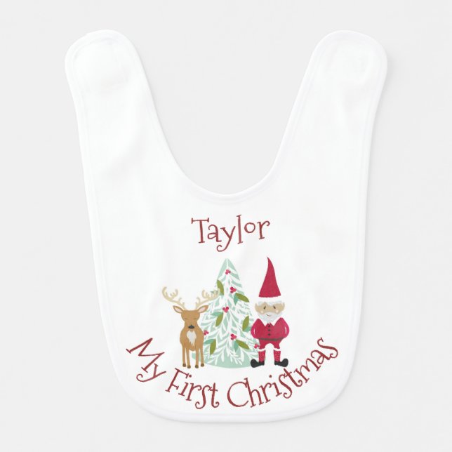Baby's First Christmas Santa Reindeer with Name Baby Bib (Front)