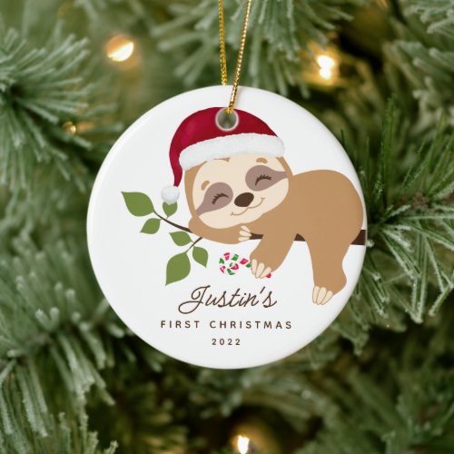 Babys First Christmas Santa Sloth Ceramic Ornament