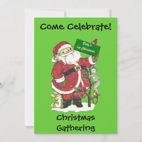 Babys First Christmas Santa Tree Animals Green Invitation