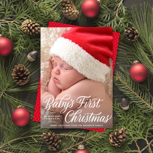 Babys First Christmas Script Birth Announce Photo Holiday Card