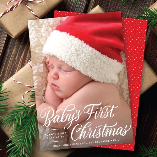 Babys First Christmas Script Birth Announce Photo Holiday Card