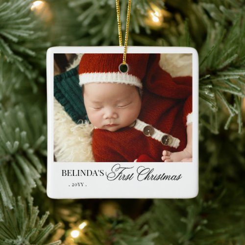 Baby's First Christmas Script Holiday Photo Ceramic Ornament
