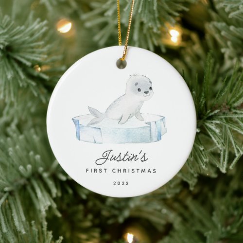Babys First Christmas Seal 2 Sided Photo Ceramic Ornament