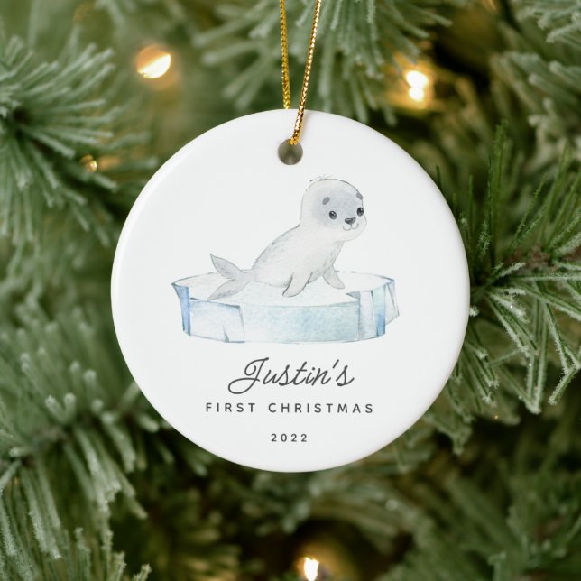 Baby's First Christmas Seal Ceramic Ornament (Tree)