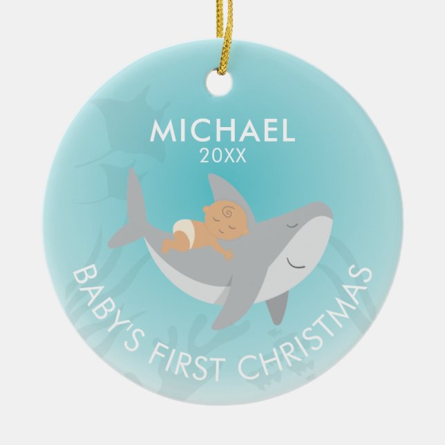 Baby's First Christmas Shark Ceramic Ornament (Front)