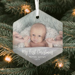 Baby's First Christmas Simple 1 Photo White Script Glass Ornament<br><div class="desc">Celebrate the simple joys of your newest family member with a custom photo "My First Christmas" hexagon-shaped glass ornament. Gender neutral design is suitable for a new baby boy or girl. Picture and all wording on this template are simple to personalize. The modern minimalist black and white overlay design features...</div>