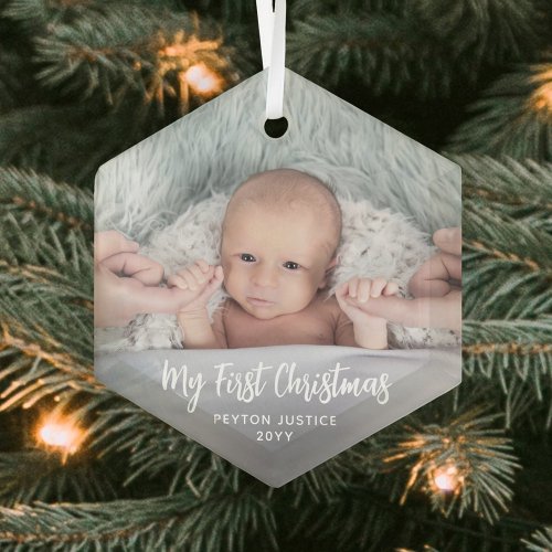 Babys First Christmas Simple 1 Photo White Script Glass Ornament