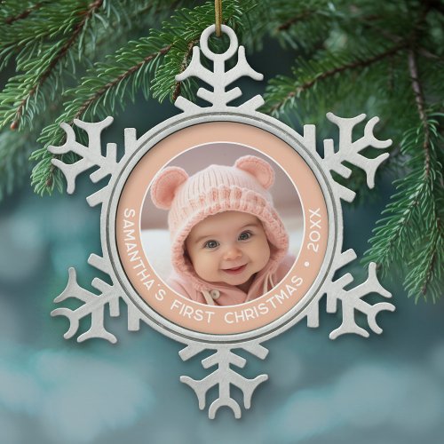 Babys First Christmas _ Simple Coral Girl Snowflake Pewter Christmas Ornament