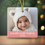 Baby's First Christmas - Simple Coral Pink Girl Ceramic Ornament<br><div class="desc">Add one picture to this cute holiday ornament - perfect for baby girls. A simple light coral pink border makes a memorable ornament for your tree. A modern minimal font for the year with a place to upload 1 horizontal photo.</div>