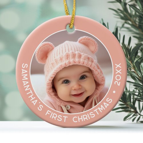 Babys First Christmas _ Simple Coral Pink Girl Ceramic Ornament