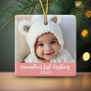 Baby's First Christmas - Simple Coral Pink Girl Ceramic Ornament