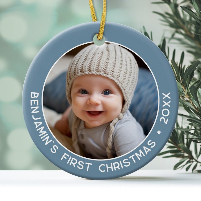 Baby's First Christmas - Simple Denim Pastel Blue Ceramic Ornament (Modern and minimal photo ornament with a simple border and white text.)