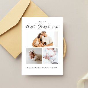 Baby's First Christmas Simple Modern Three Photo  Holiday Card