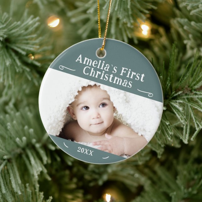 Baby's First Christmas Simple Photo Keepsake  Ceramic Ornament (Tree)