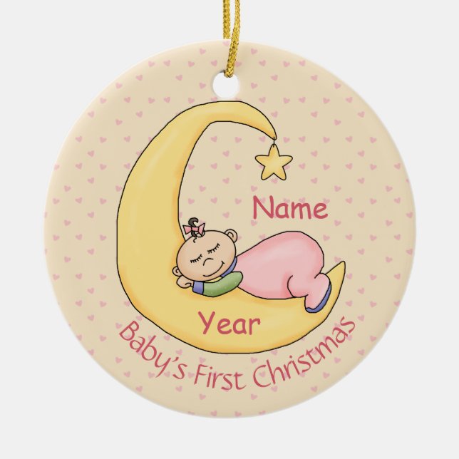 Baby's First Christmas -Sleeping on Moon (girl) Ceramic Ornament (Front)